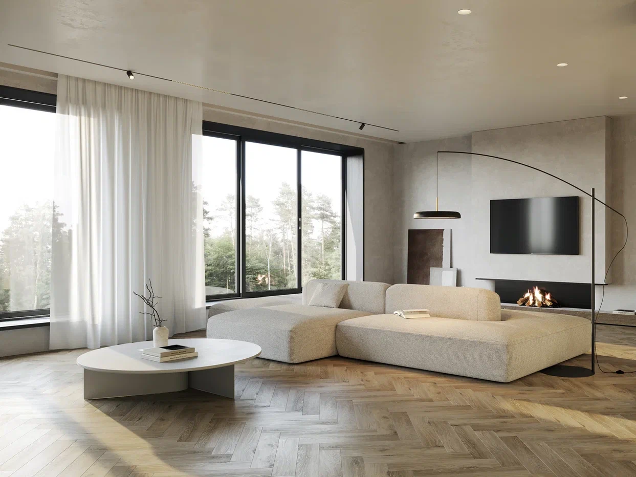 Кварцвиниловый SPC ламинат Home Expert Parquet Дуб Волшебный лес 33-2185-12 / 33-3008 венгерская елка 615×123×3,5 фото в интерьере